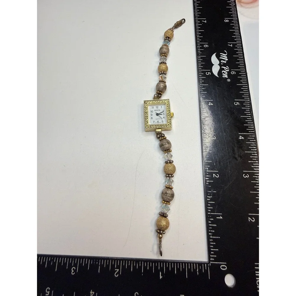 Geneva Womens Beaded Bracelet Watch Gold Silver Tone Scroll Bezel Quartz 7.5 In